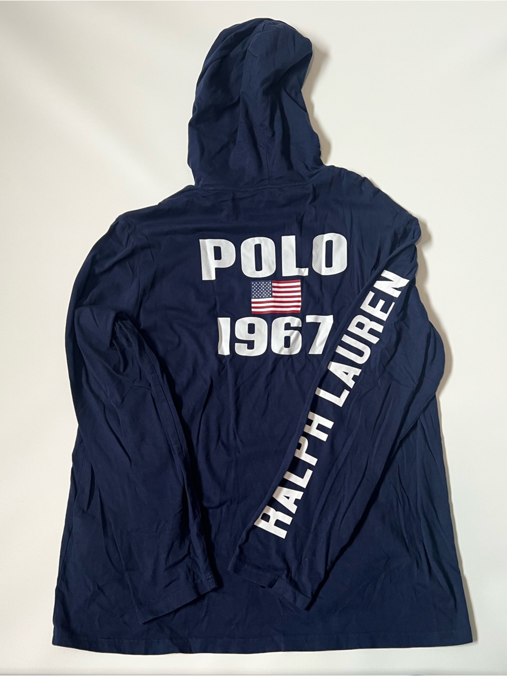 Polo by Ralph Lauren Navy Hooded Long Sleeve Shirt with White Pony & Sleeve Logo - Picture 2 of 5